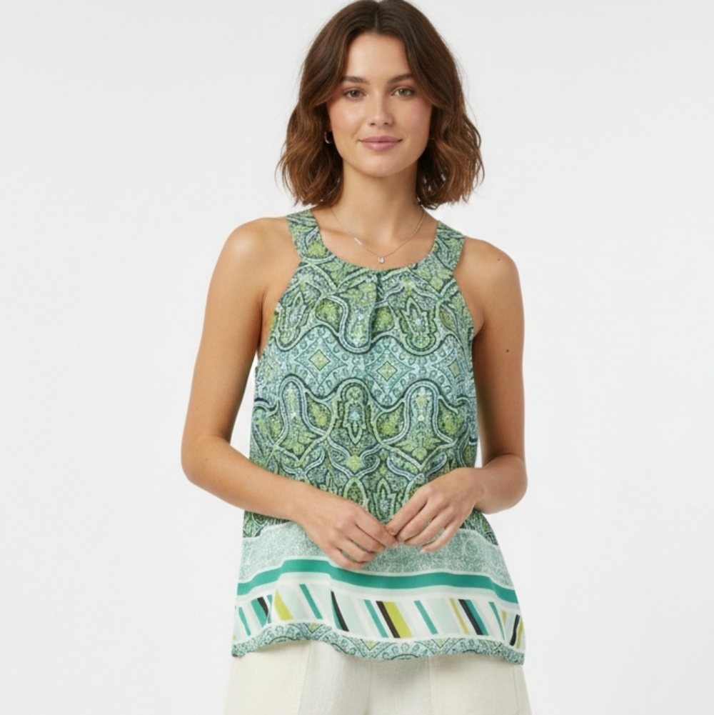 Ann Taylor Green White Boho Tank Top Festival Stripes Retro 14